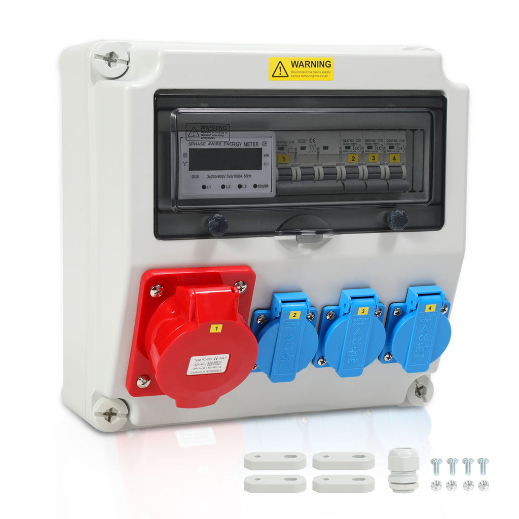 BMOT Wandverteiler Baustromverteiler mit 3xSchuko-Steckdose16A 230V, 1xCEE Steckdosen 32A 5Polig mit 3-Phasen und MCB