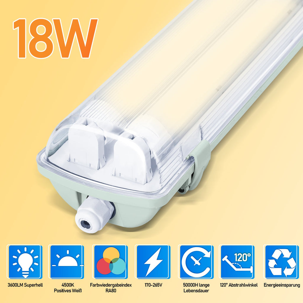 BMOT LED Feuchtraumleuchte 2x 18W 120 cm T8 Neutralweiß