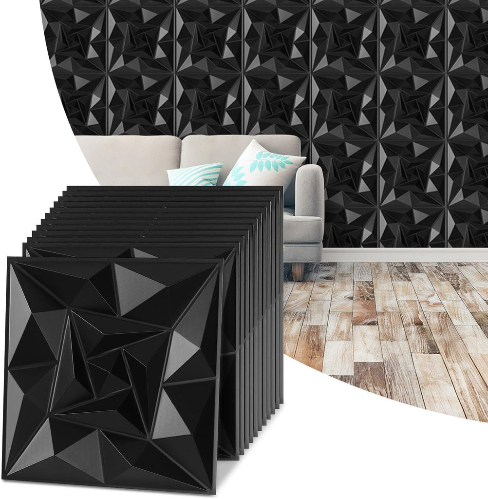 3D Wandpaneele Schwarz 50x50 cm, 48er Set(12m²), PVC Wandverkleidung für TV Rückwand & Heimkino, Harte Kunststoff Paneele Tiefes 3D Profil für Raumgestaltung