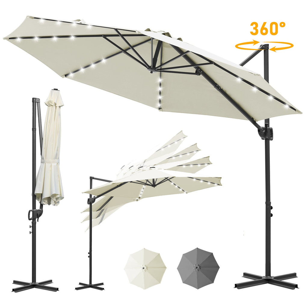 BMOT Ampelschirm Ø300 cm inkl. Kreuzfuß 360° drehbarer Grau/Beige mit Solar-LED