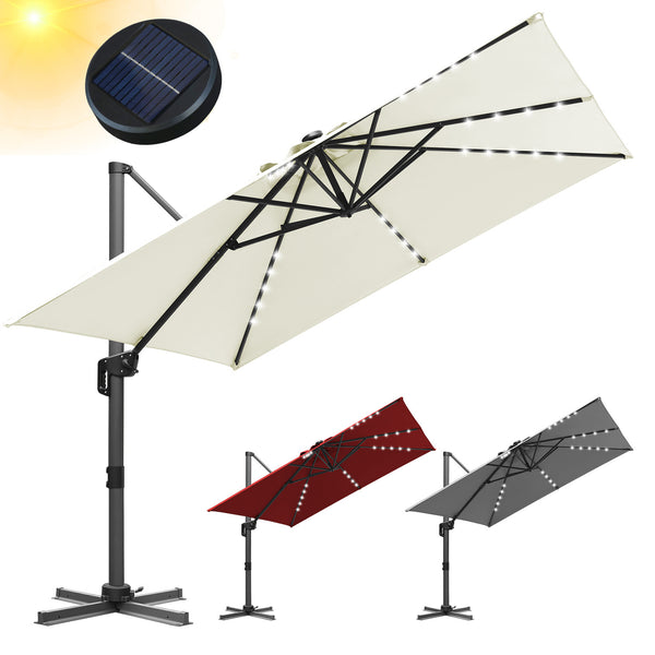 BMOT Ampelschirm 300 x 300 cm Sonnenschirm 360° Drehbar mit Solar-LED