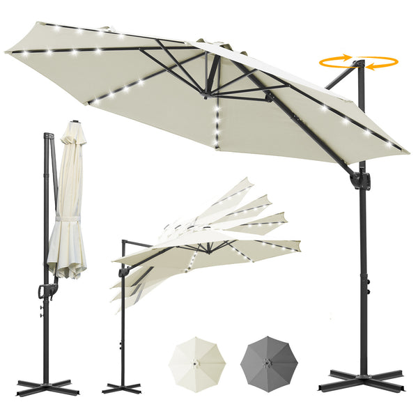 BMOT Ampelschirm Ø300 cm inkl. Kreuzfuß 360° drehbarer Grau/Beige mit Solar-LED