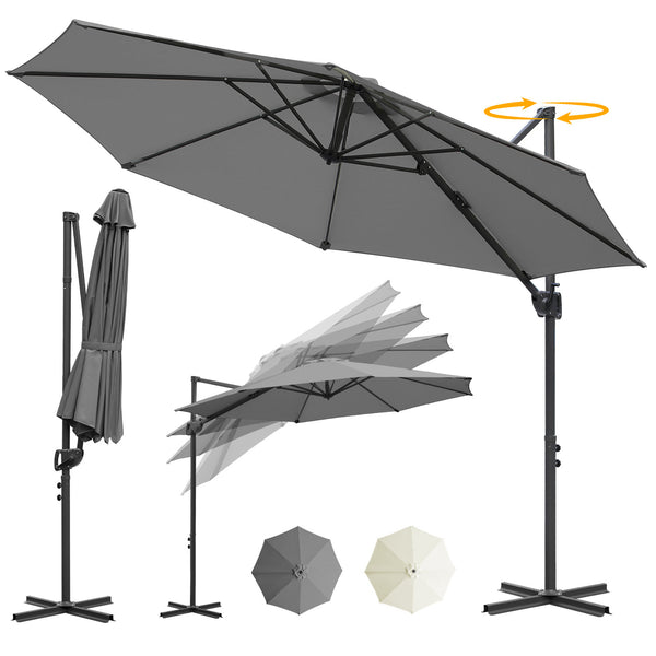 BMOT Ampelschirm Ø300 cm inkl. Kreuzfuß 360° drehbarer Grau/Beige