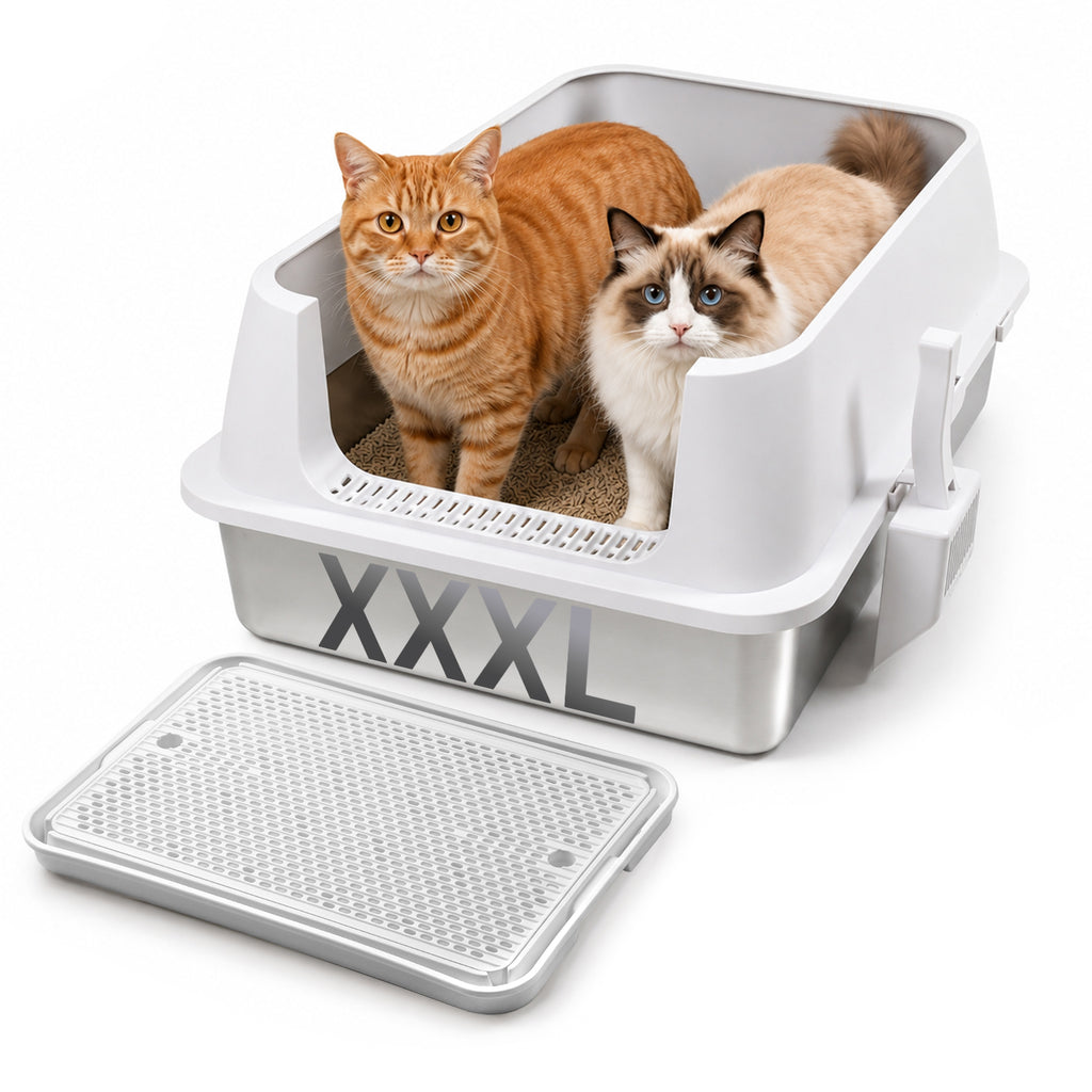 BMOT Edelstahl Katzentoilette XXXL, halb offen mit hohem Rand, Weiß
