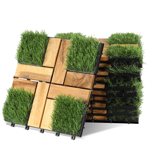 BMOT Holzfliesen Balkonfliesen mit Grass 30x30cm 11 Fliesen
