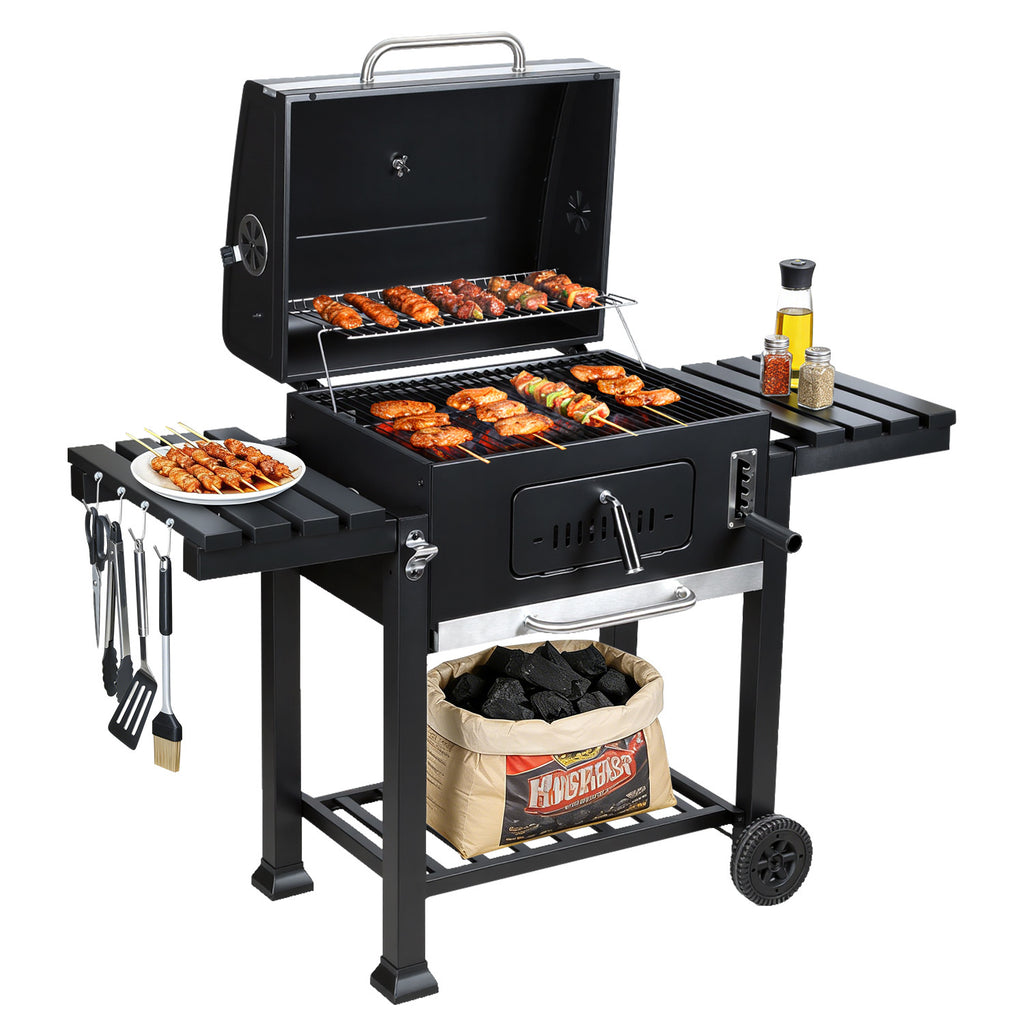 BMOT Holzkohlegrill mit Deckel und Seitenablagen BBQ