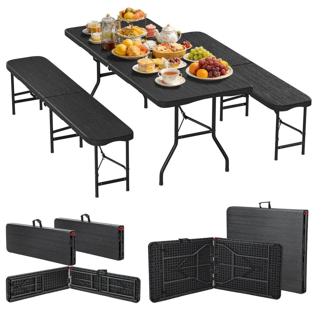 BMOT Bierzeltgarnitur klappbar 3-teilig Set Tisch & 2X Bierbänke  Holzmaserung-Optik Gartentisch