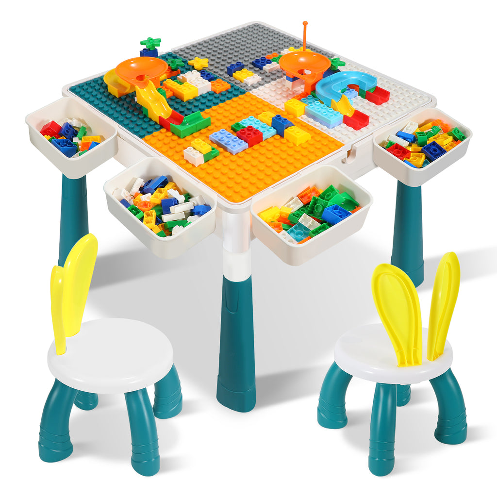 BMOT Kindertisch mit 2 Stühle Spieltisch mit 251 Stück Bausteine