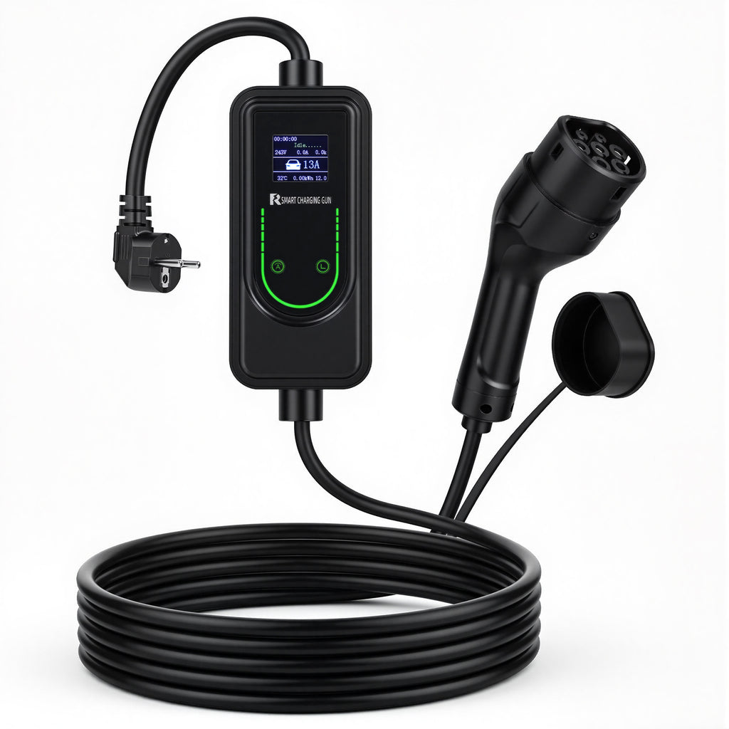 BMOT Mobiles EV-Ladegerät Typ 2 mit Display, einstellbarem Ladestrom & Timer