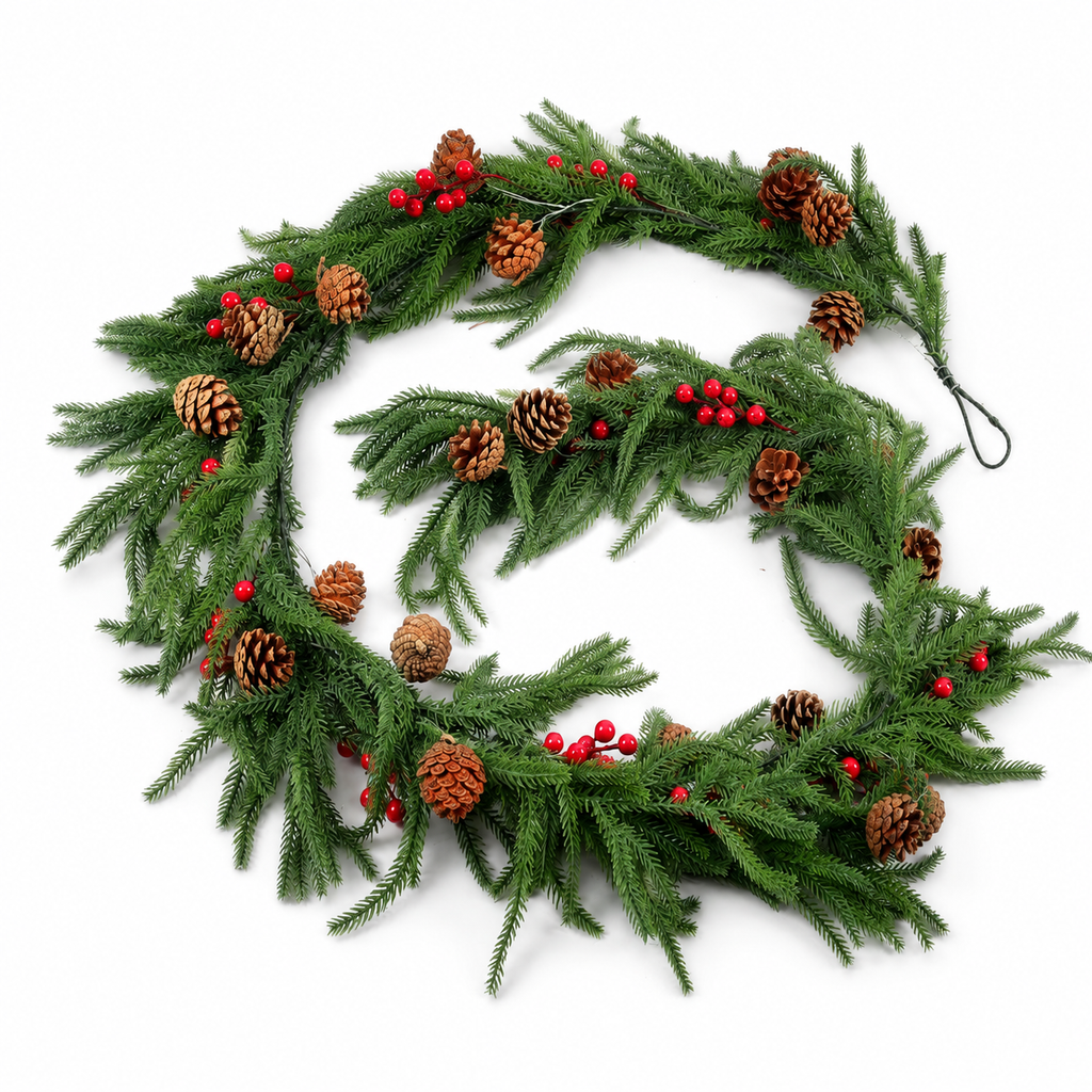 BMOT Norfolk Weihnachtsgirlande 1,8/2,75 m, mit oder ohne Beeren & Tannenzapfen