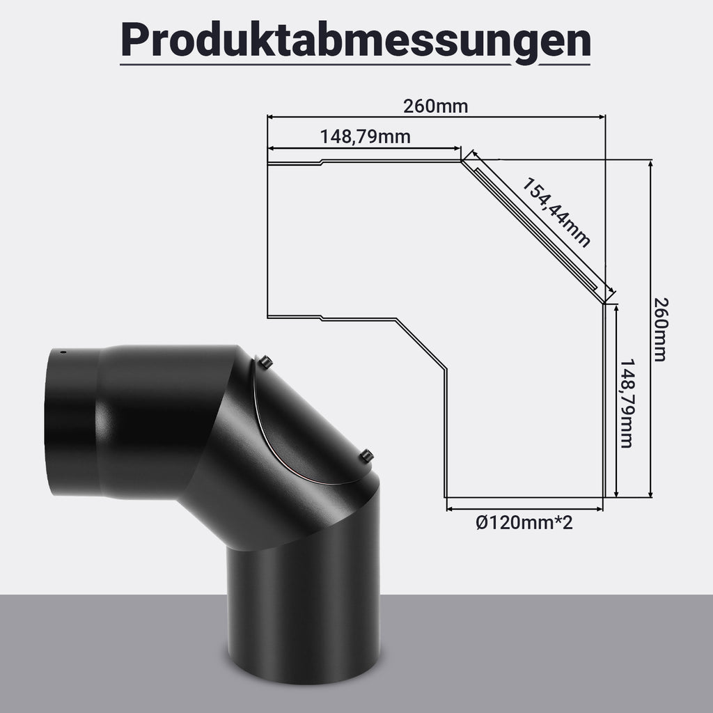 BMOT Ofenrohr 90° Bogen mit Reinigungsöffnung, Ø 120/150 mm, Stahl Schwarz