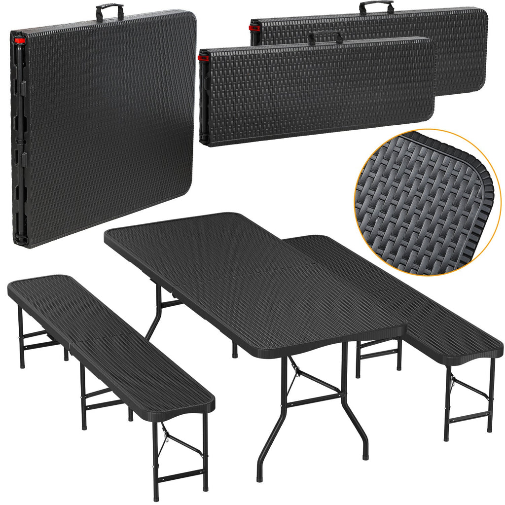 BMOT Bierzeltgarnitur klappbar 3-teilig Set Tisch & 2X Bierbänke  Rattan-Look Gartentisch