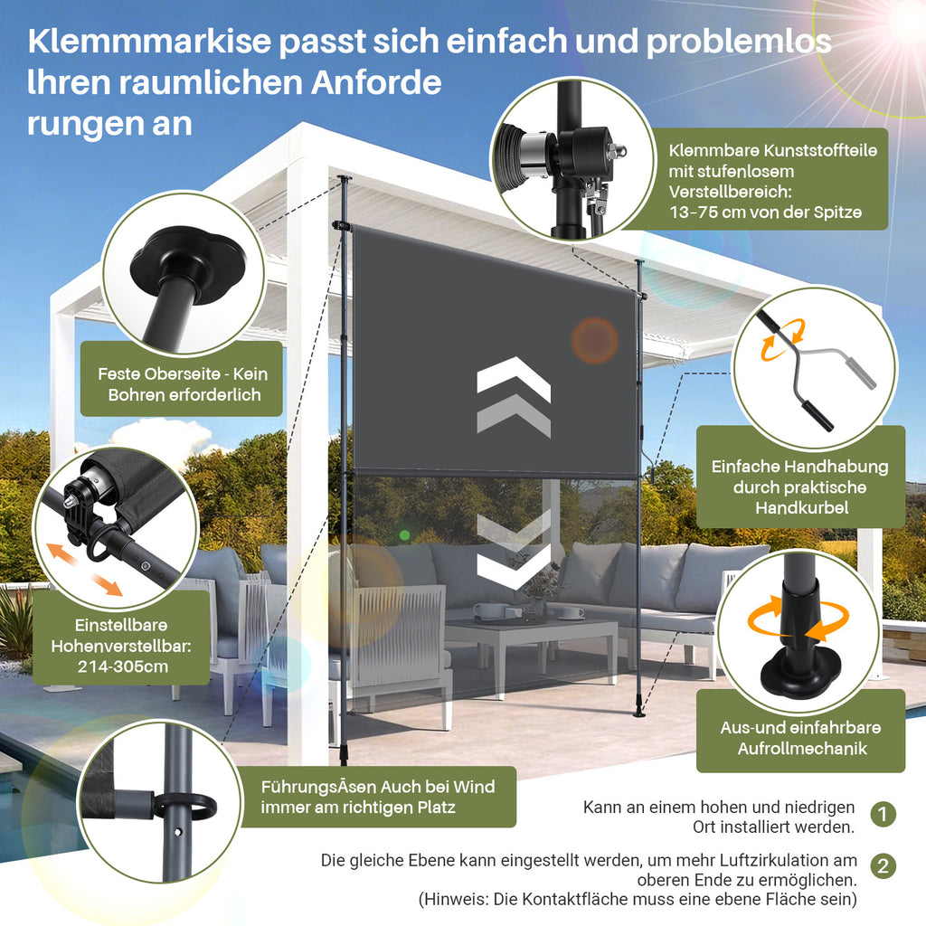 BMOT Klemmmarkise Senkrechtmarkise mit Handkurbel ohne Bohren