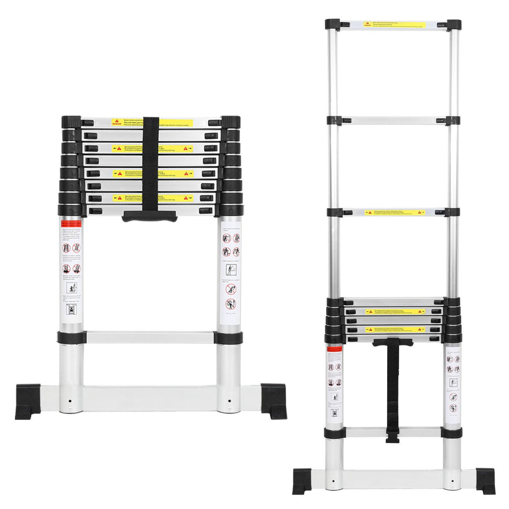 BMOT Teleskopleiter Aluminium Belastbarkeit bis zu 150kg 2.6m-5m mit Stabilisator