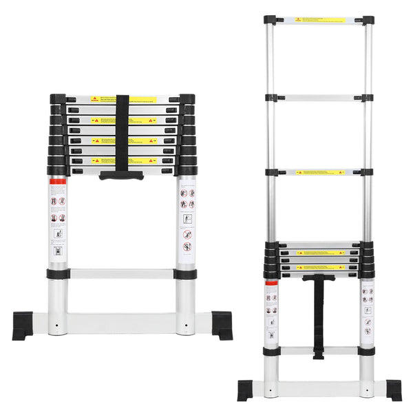 BMOT Teleskopleiter Aluminium Belastbarkeit bis zu 150kg 2.6m-5m mit Stabilisator