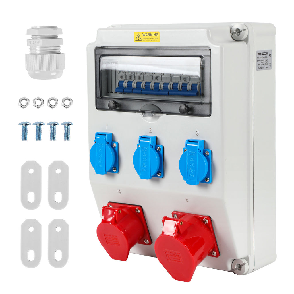 BMOT Baustromverteiler mit Leitungsschutzschalter,5 Polig Wandverteiler mit 3xSchuko-Steckdose und CEE-Steckdose 16/32A
