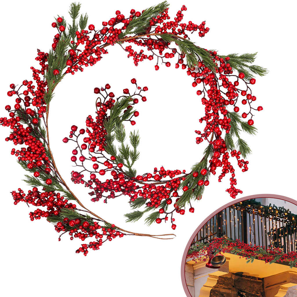 BMOT Weihnachtsgirlande Kranz mit Roten Beeren 1,8m